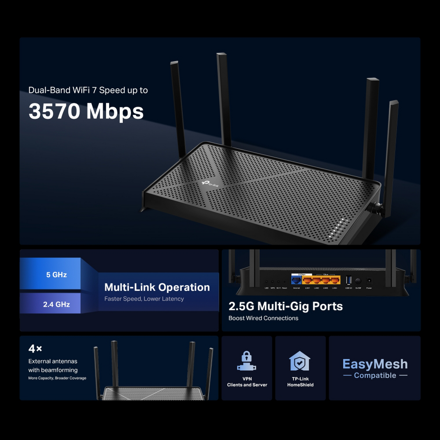 Router Wifi 7 Tp-Link Archer BE230 Negro Be2600-3