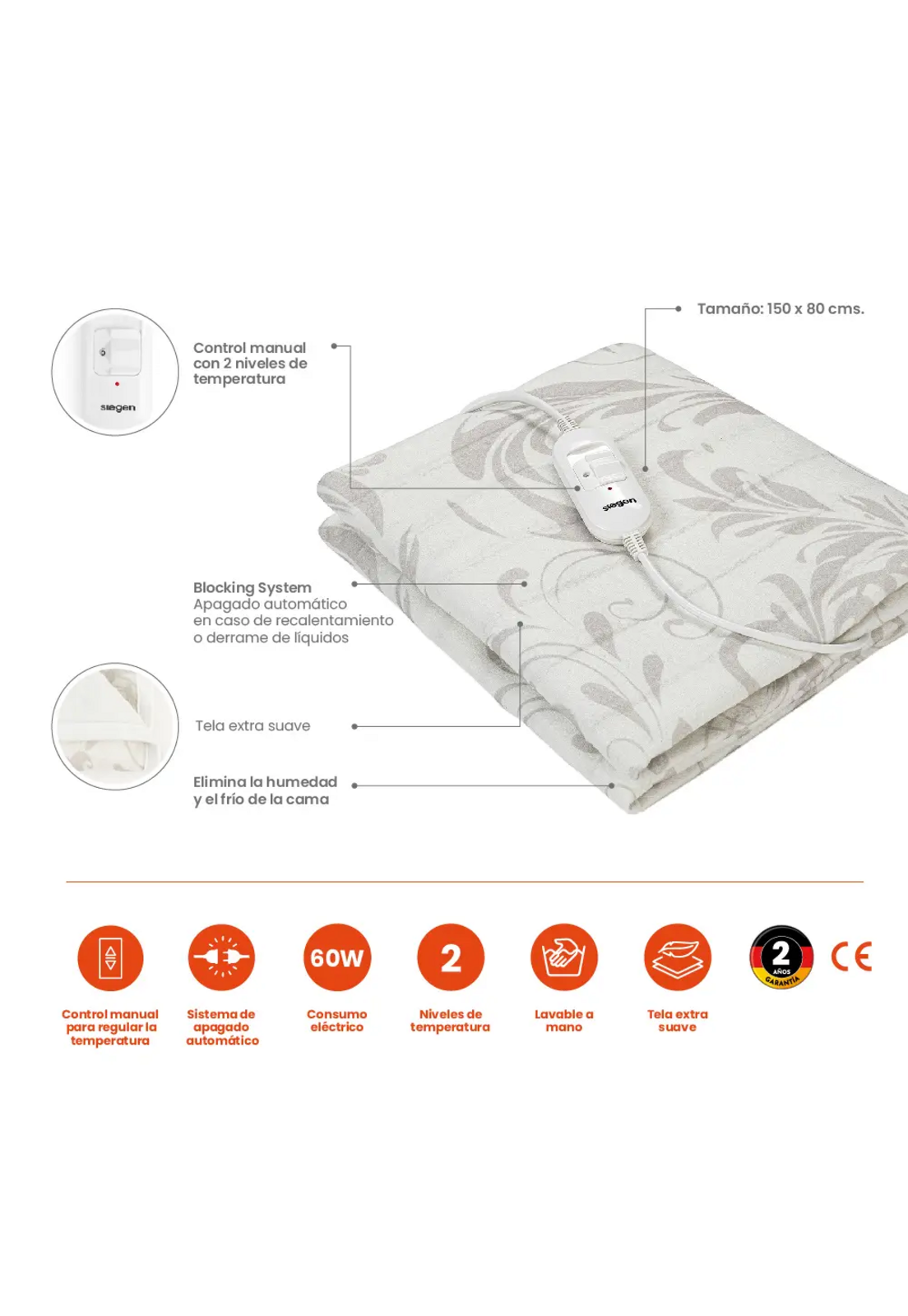 Calienta Cama Siegen 1 Plaza 60 W 2 Niveles Flores SG-5120D2-5
