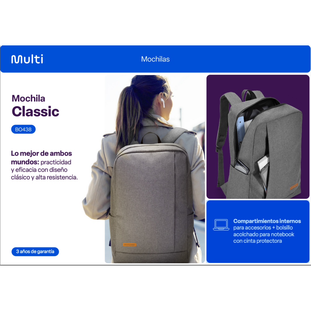 Mochila Notebook Multilaser Classic Gris BO438-2