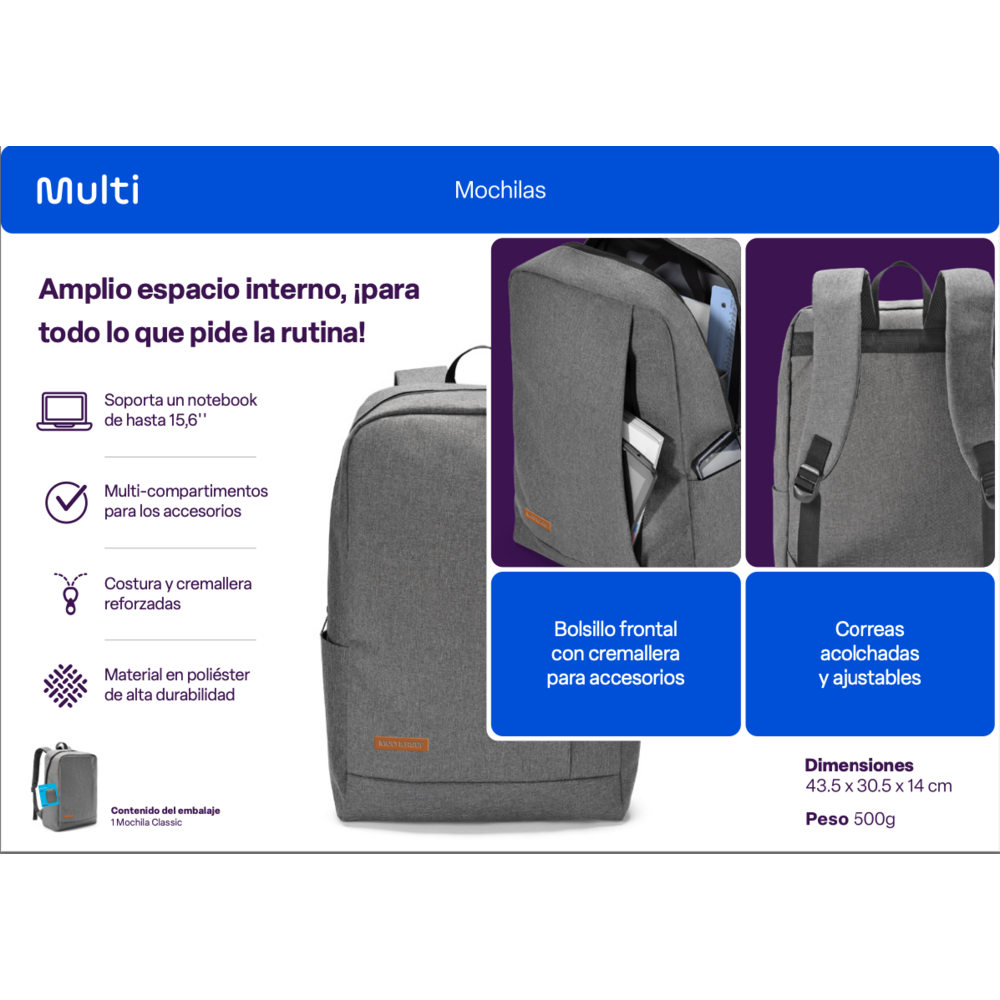 Mochila Notebook Multilaser Classic Gris BO438-3
