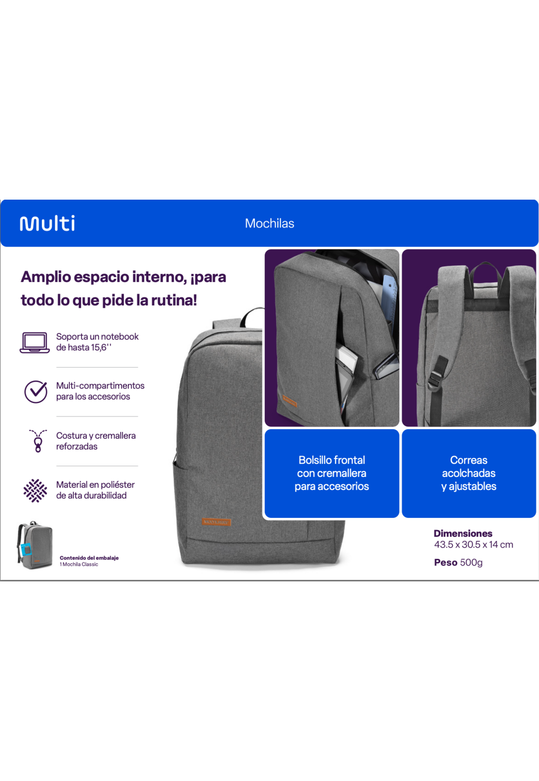 Mochila Notebook Multilaser Classic Gris BO438-3