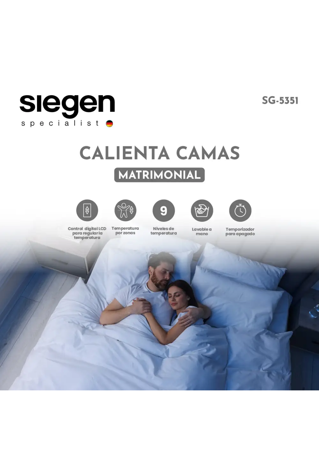 Calienta Cama Siegen 2 Plazas Chiporro 9 Temp 60 W SG-5351-2