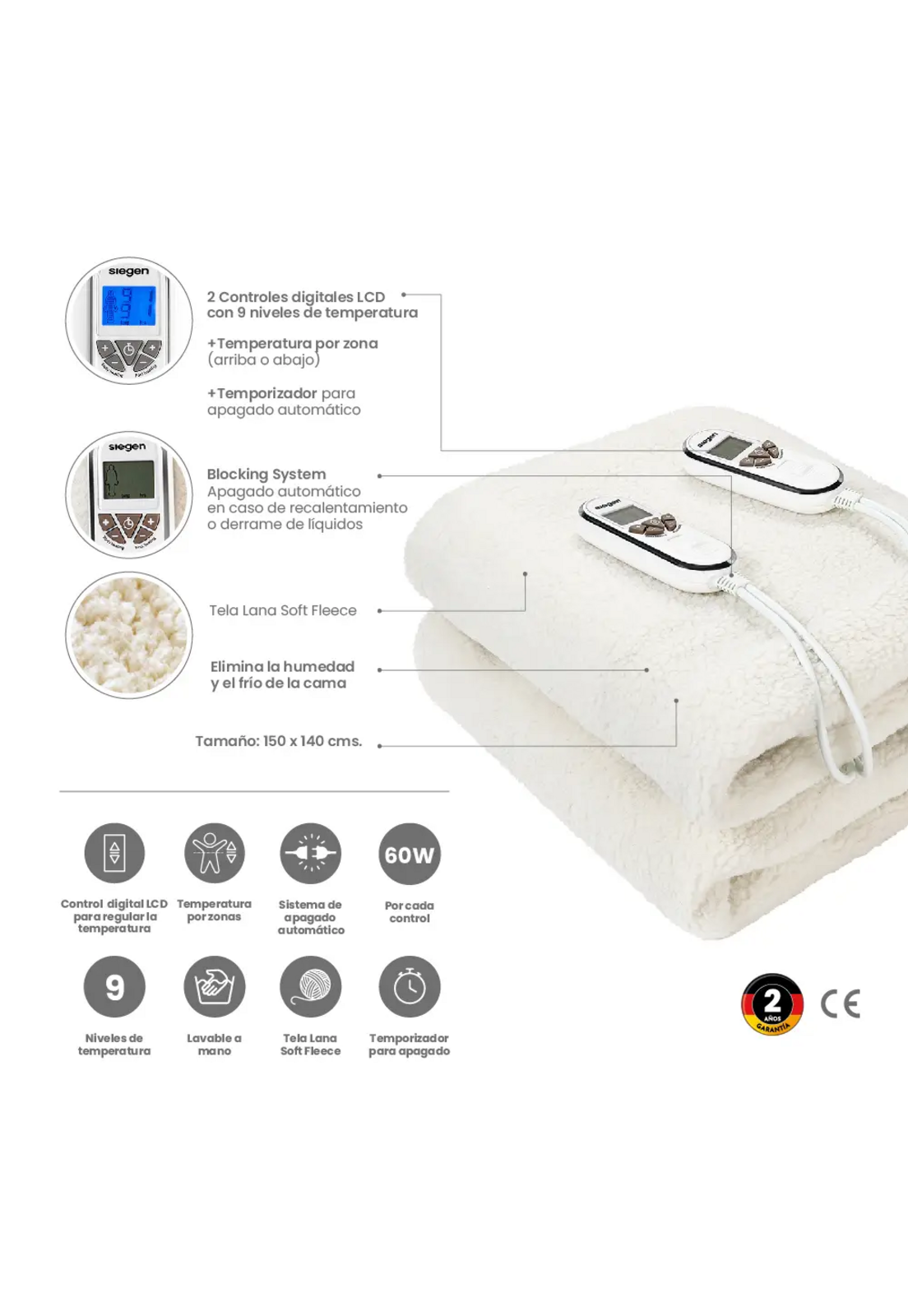 Calienta Cama Siegen 2 Plazas Chiporro 9 Temp 60 W SG-5351-6
