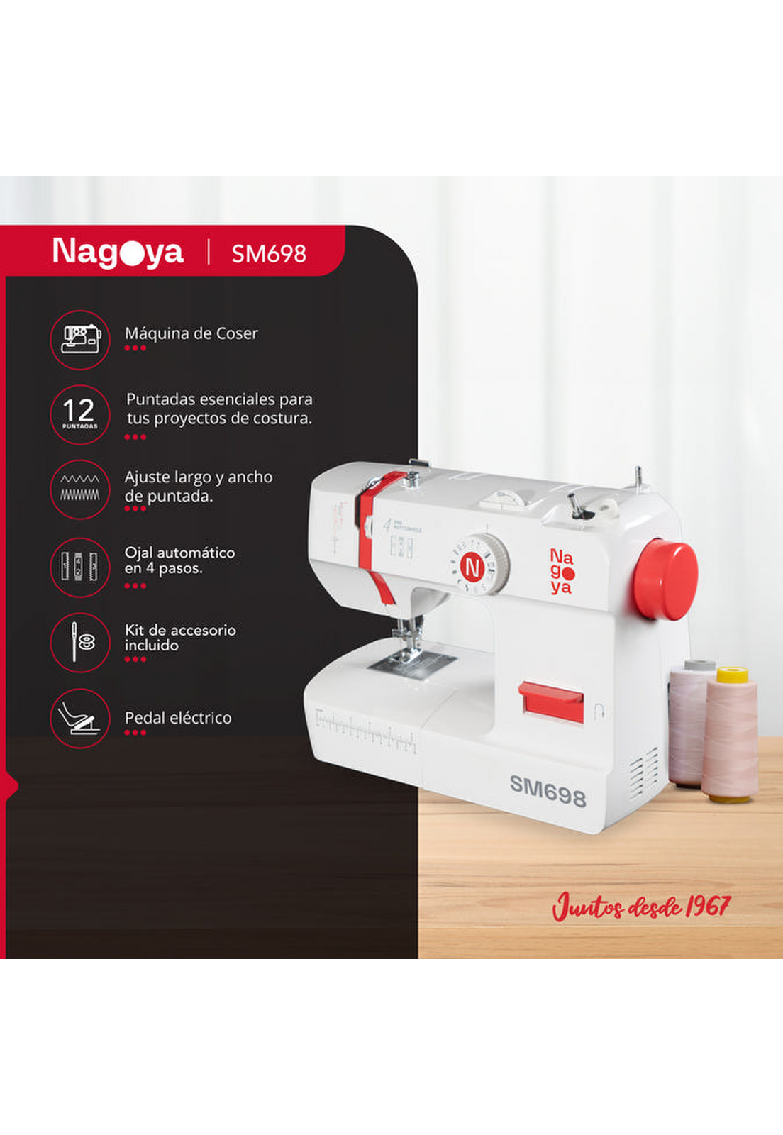 Máquina de Coser Nagoya SM698 12 Puntadas Ojal 4 Pasos LED-2