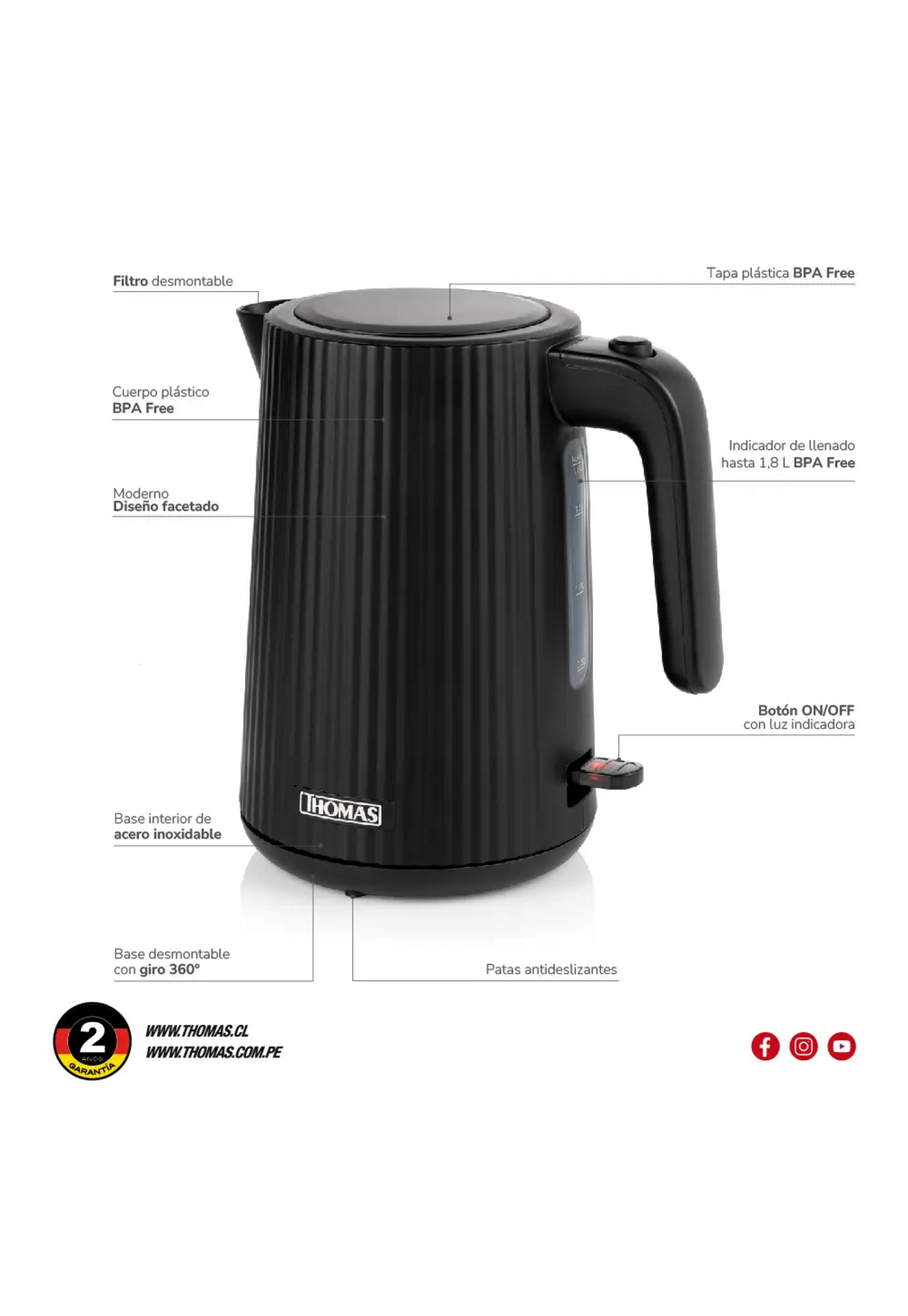 Hervidor Thomas TH-4343N 1.8L 2200W Rápido y Económico-3