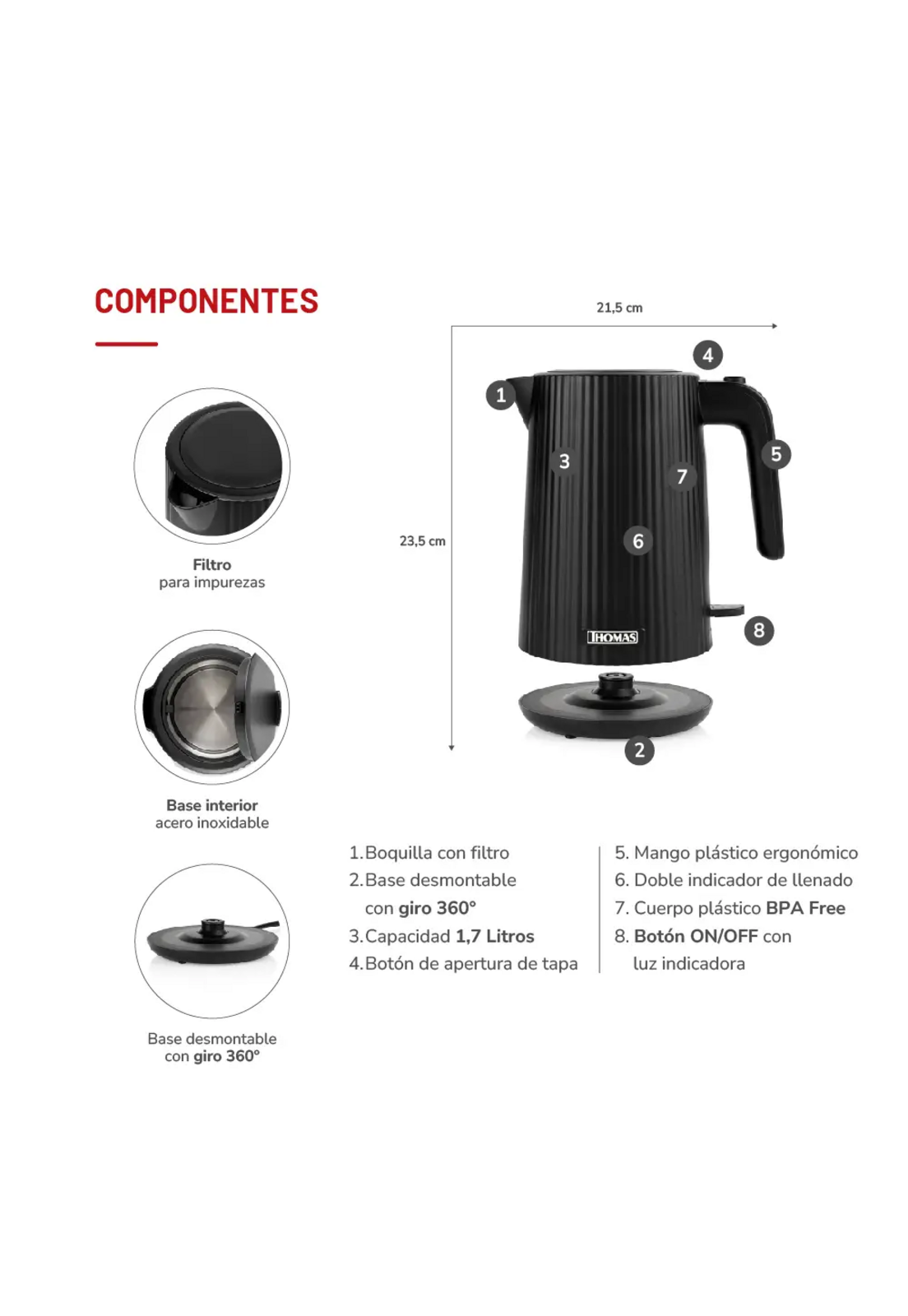 Hervidor Thomas TH-4343N 1.8L 2200W Rápido y Económico-5