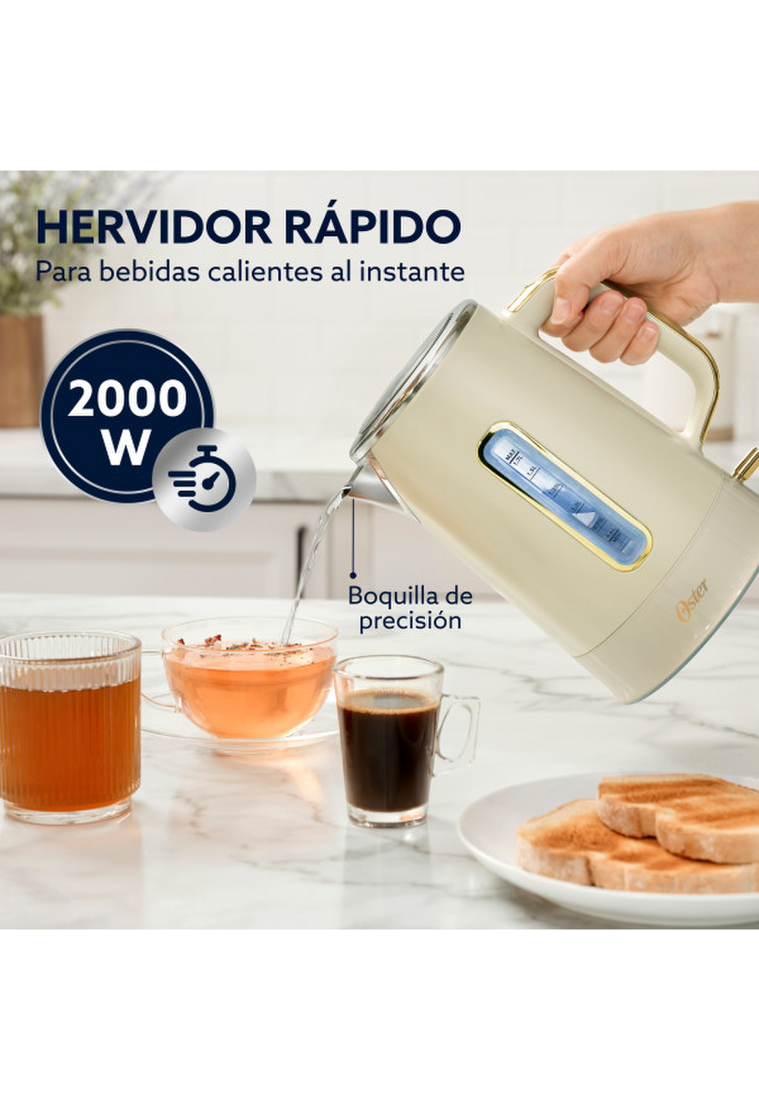Hervidor Oster Premium Beige Colección 2026 1,7L Luz 2000W-3