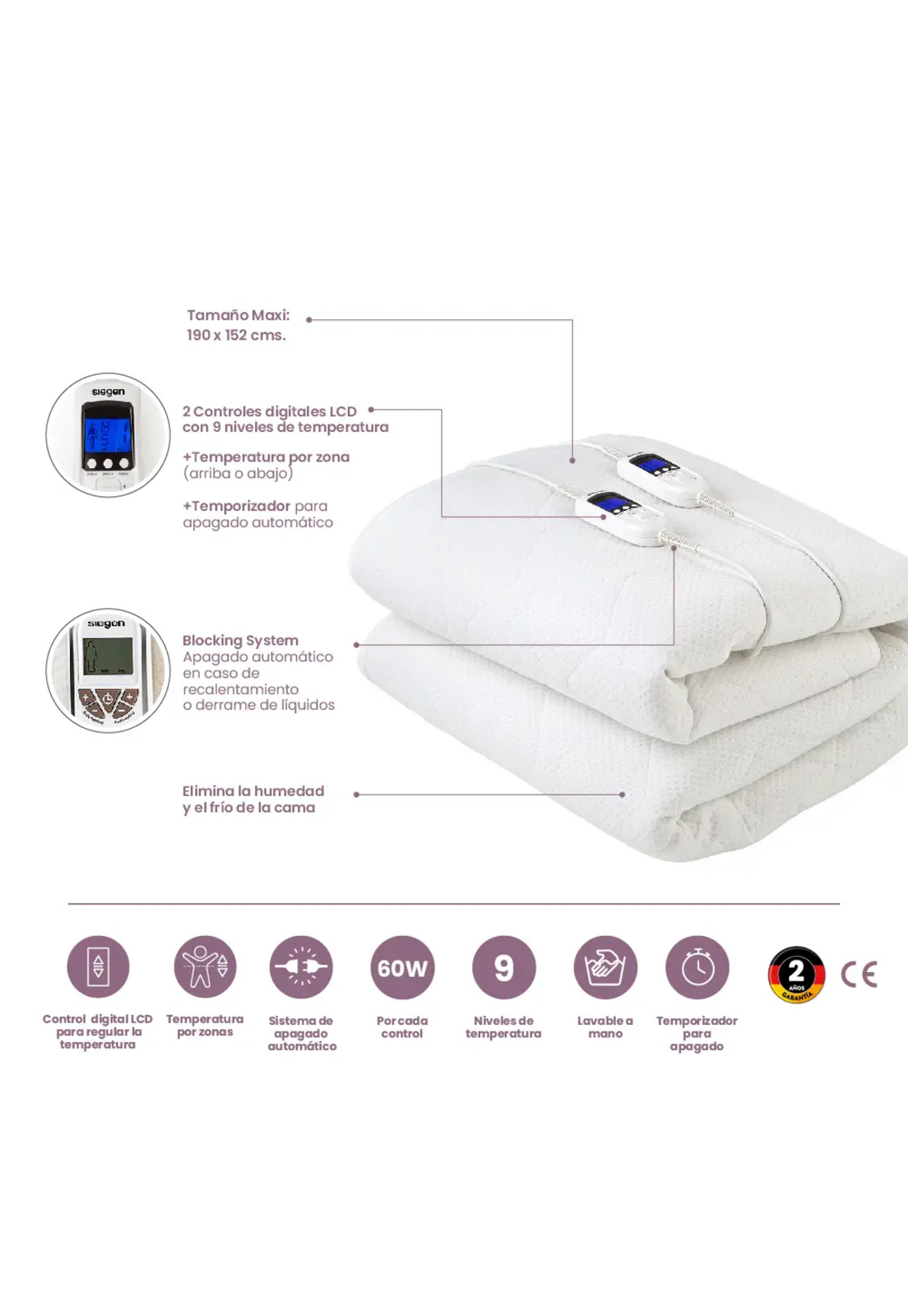 Calienta Cama Siegen 2 Plazas XL Soft 9 Temp 60 W SG-5501-5