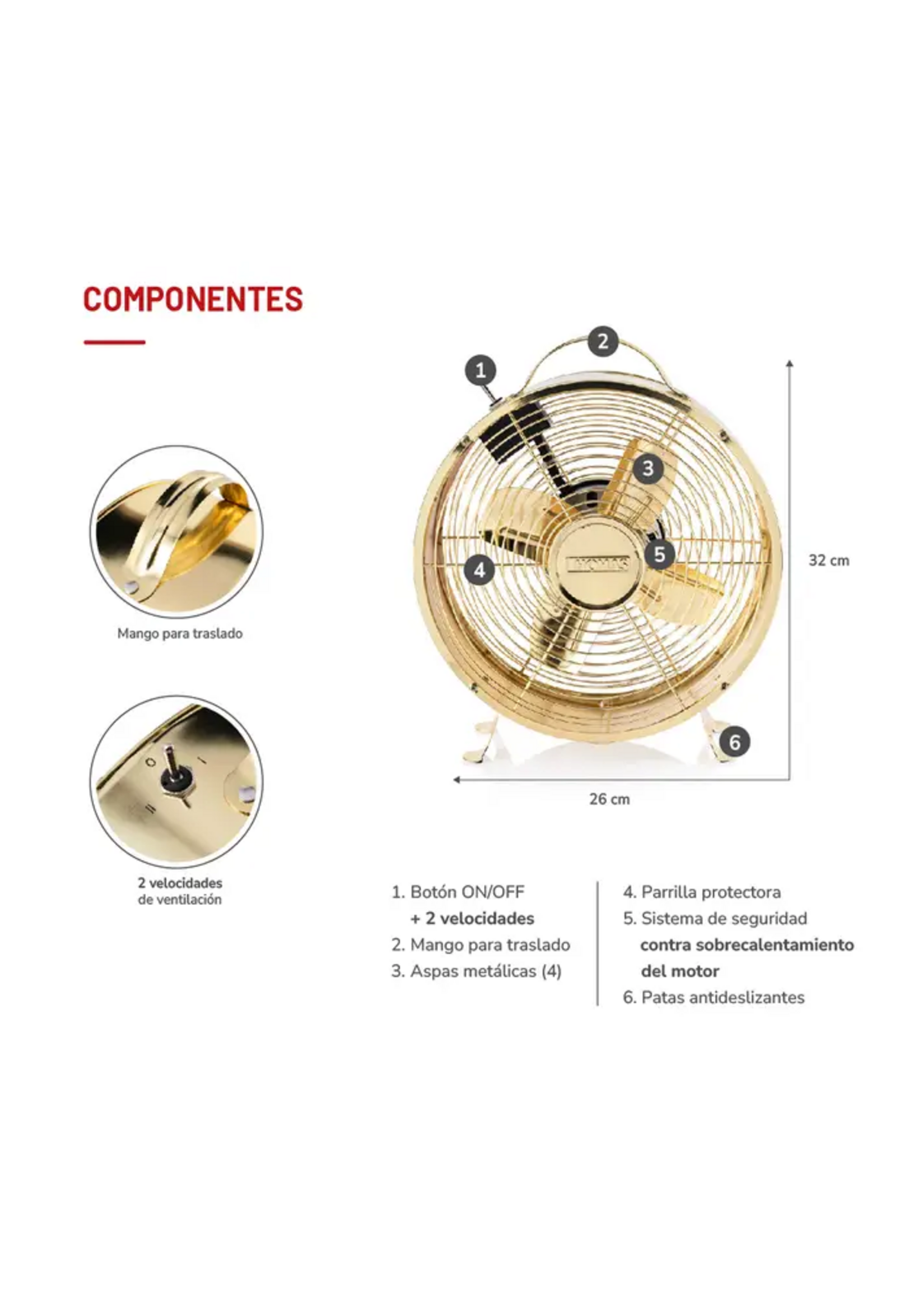 Ventilador Thomas 20 Cm Dorado Vintage 25W Bajo Consumo-3