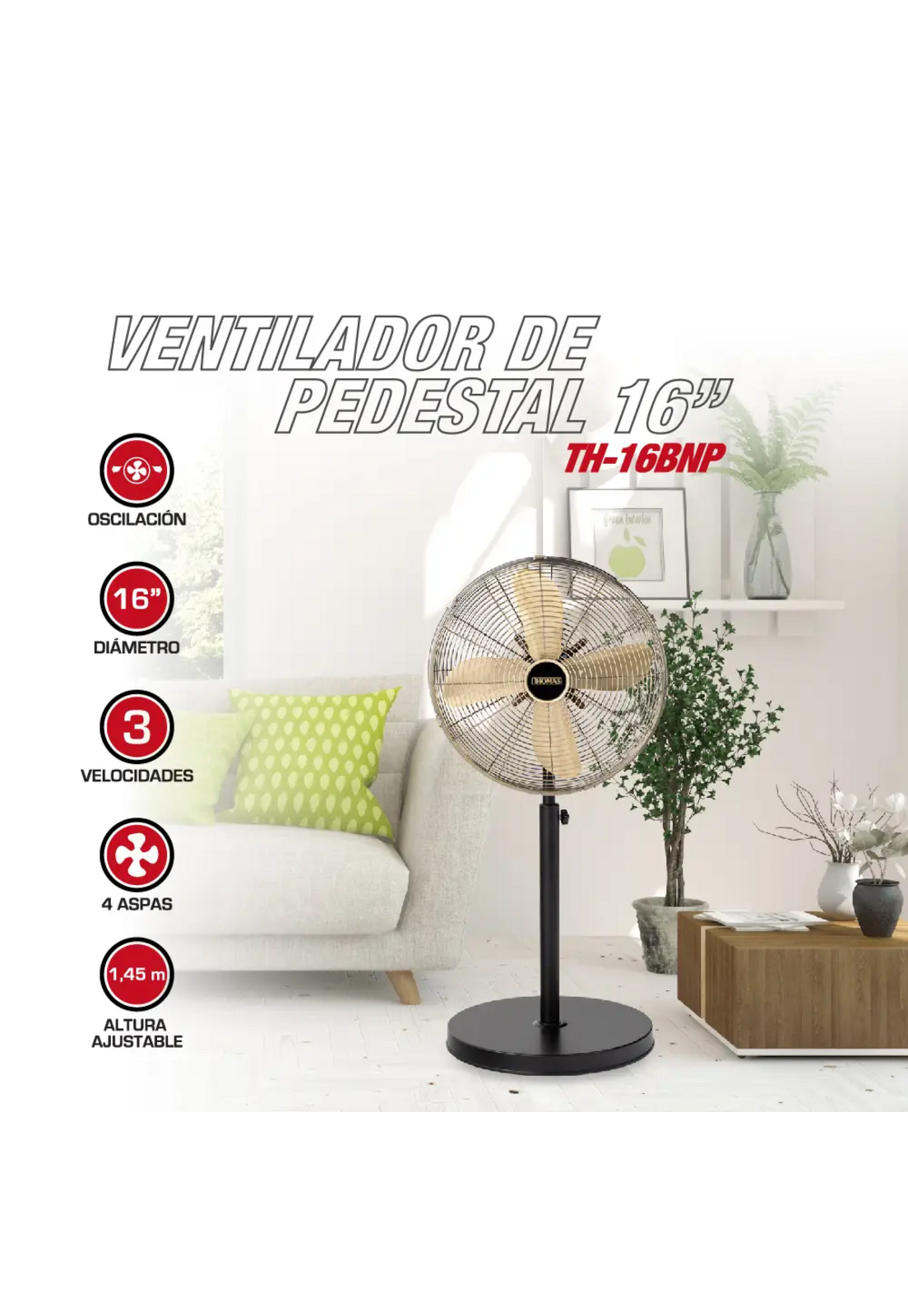 Ventilador De Pie Thomas TH-16BNP Gris Oscilante 50W 145 cm-2