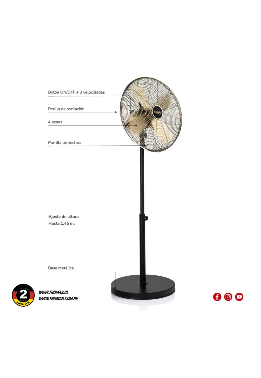 Ventilador De Pie Thomas TH-16BNP Gris Oscilante 50W 145 cm-6