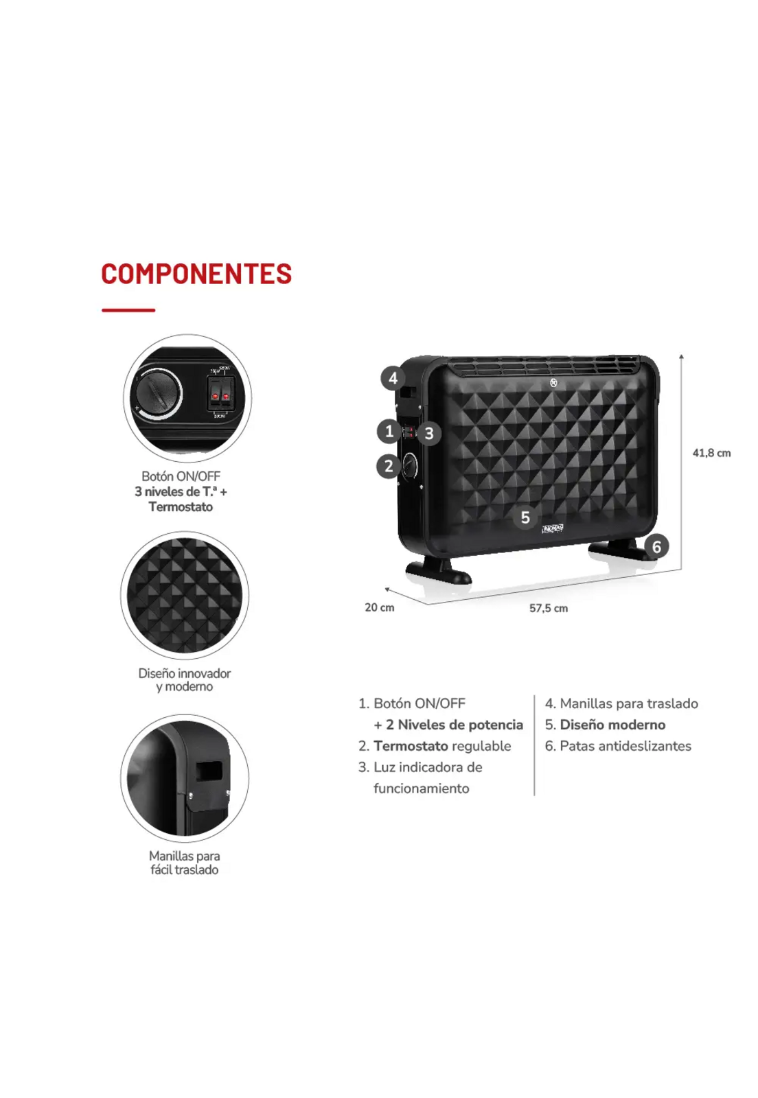 Calefactor Convector Thomas TH-CV52 2000W 3 Temp Termostato-4