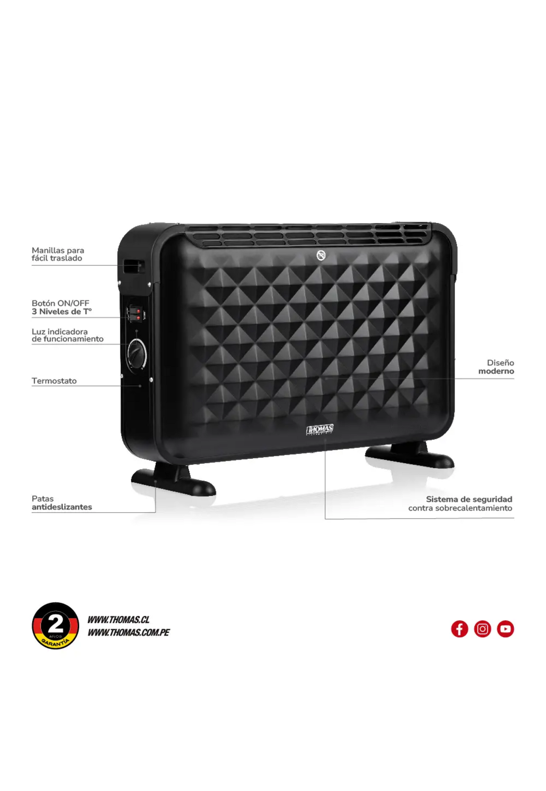 Calefactor Convector Thomas TH-CV52 2000W 3 Temp Termostato-5