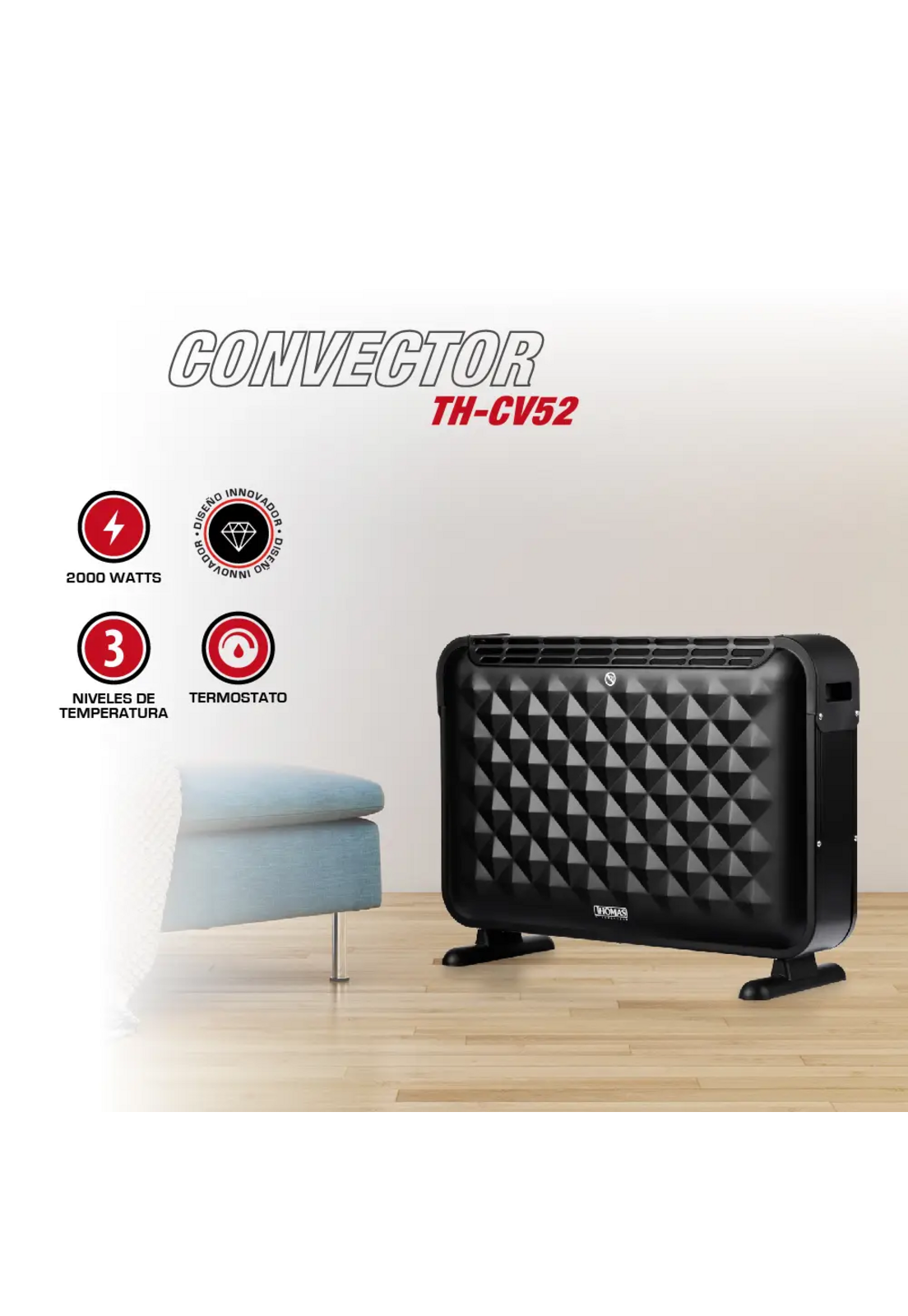 Calefactor Convector Thomas TH-CV52 2000W 3 Temp Termostato-7