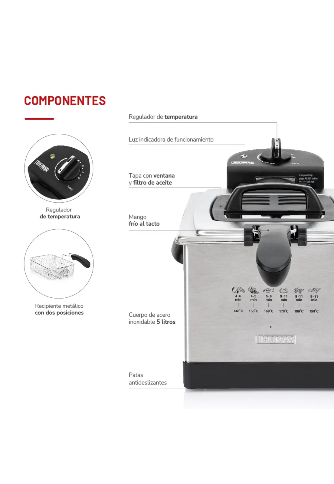 Freidora Aceite Thomas 5 Litros 1950W Rápida Inox 190C-3