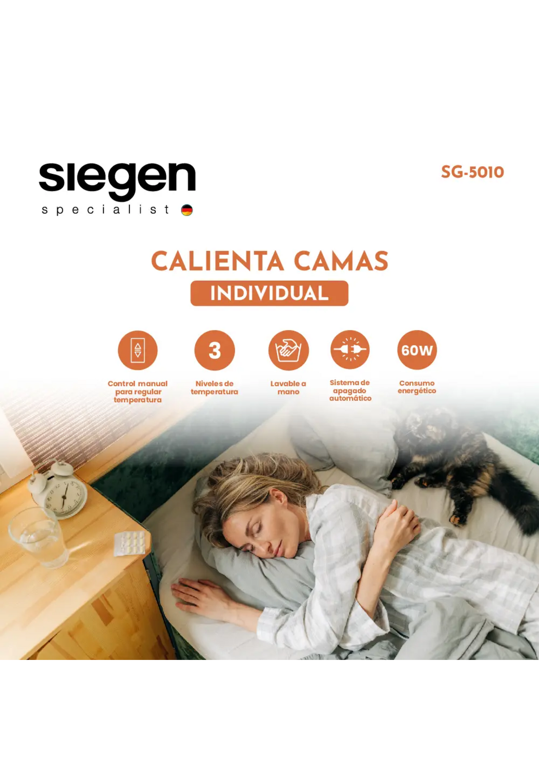Calienta Cama Siegen 1 Plaza 60 W Lavable 3 Temp SG-5010-2