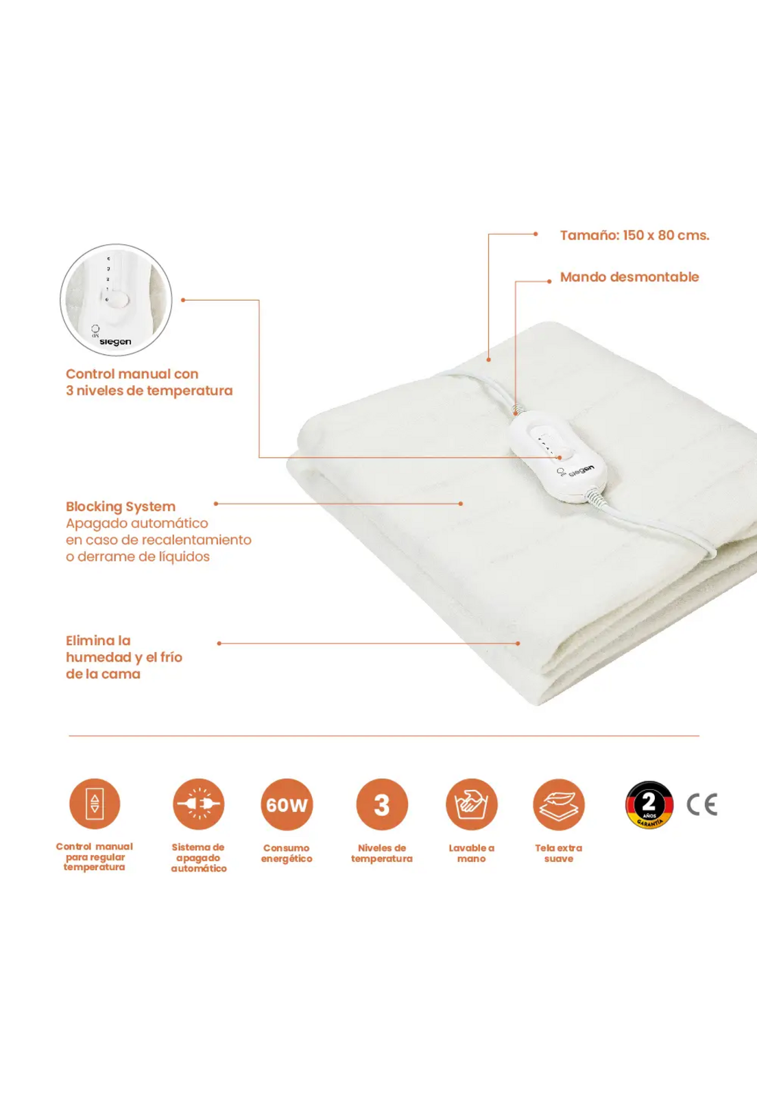 Calienta Cama Siegen 1 Plaza 60 W Lavable 3 Temp SG-5010-3