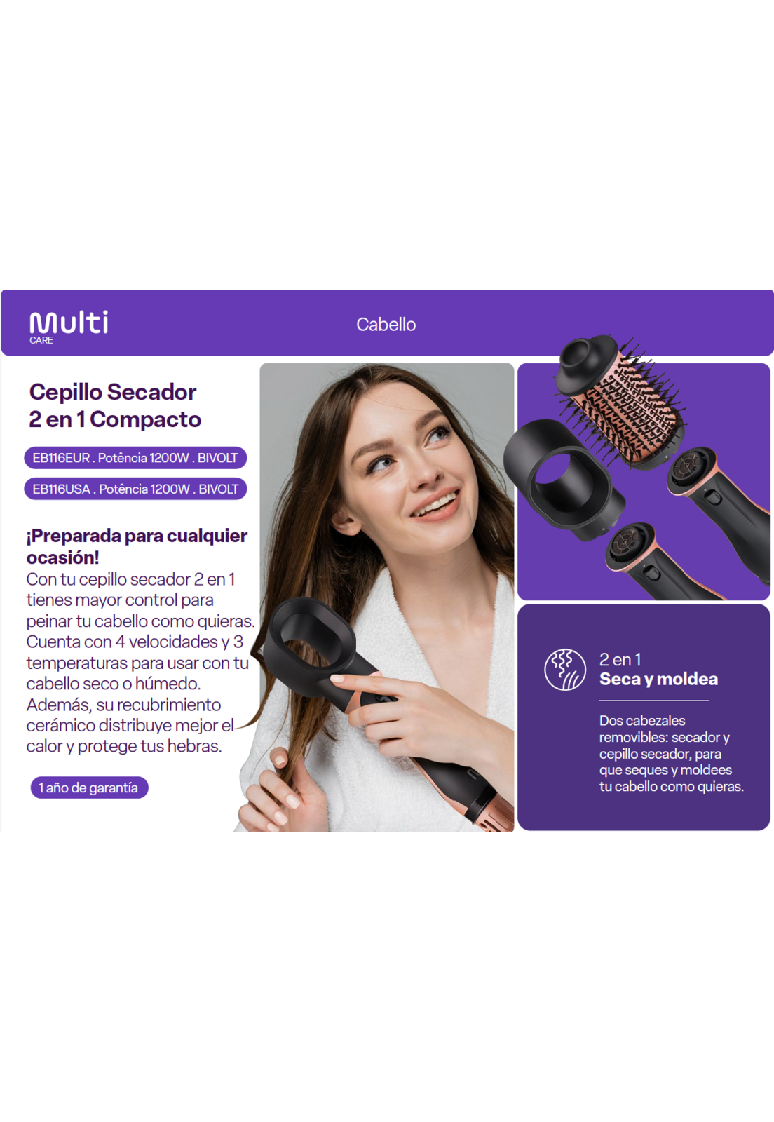 Cepillo Secador 2 en 1 Multi Compacto EB116-2