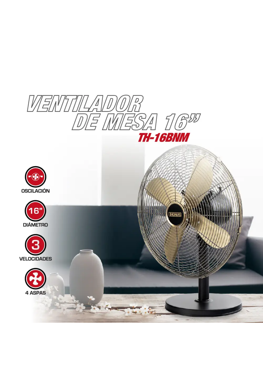 Ventilador Thomas TH-16BNM Pedestal Mesa 40cm 3 Veloc 50W-2