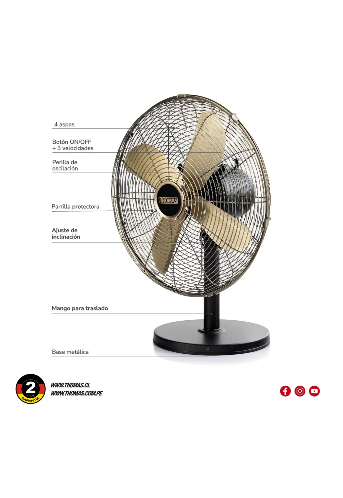 Ventilador Thomas TH-16BNM Pedestal Mesa 40cm 3 Veloc 50W-6