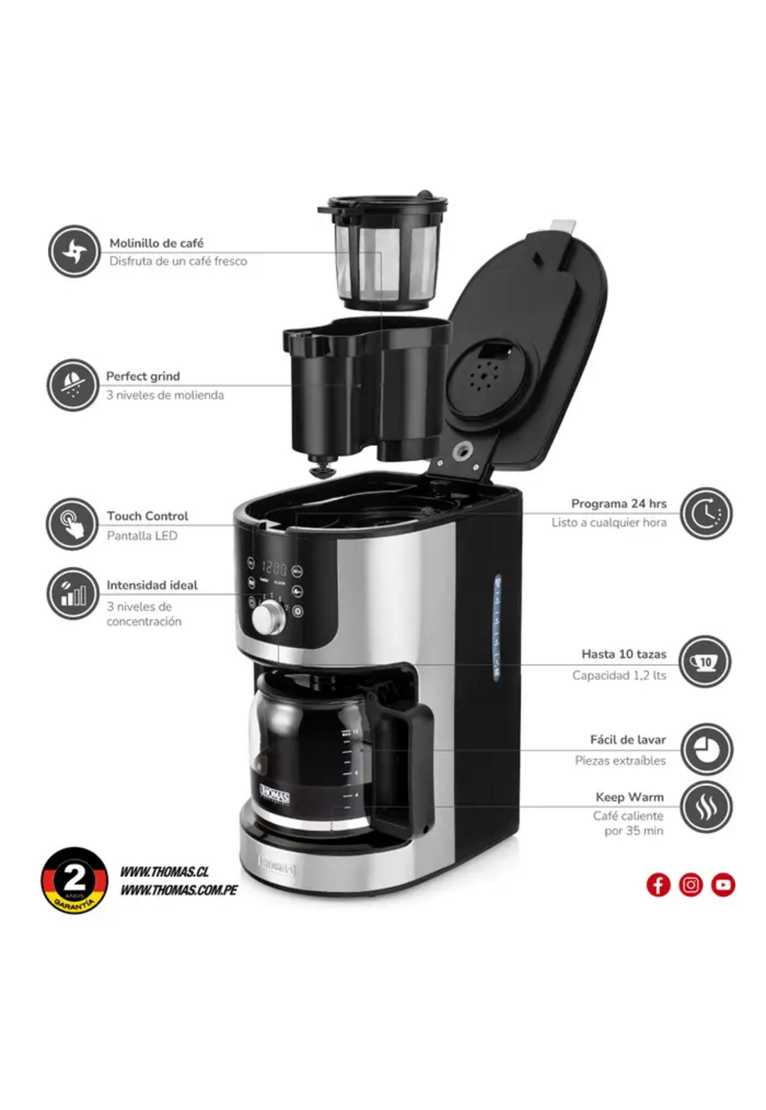 Cafetera 10 Tazas Molinillo Thomas TH-145DMI Mantiene Calor-7