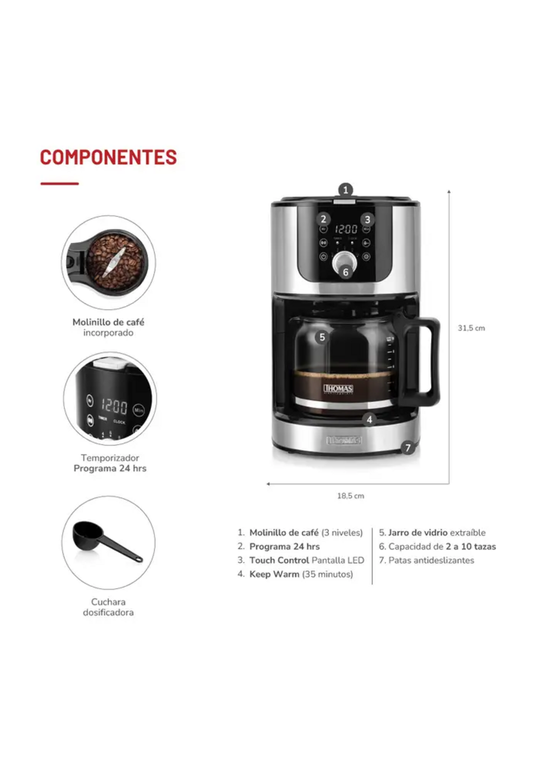 Cafetera 10 Tazas Molinillo Thomas TH-145DMI Mantiene Calor-8