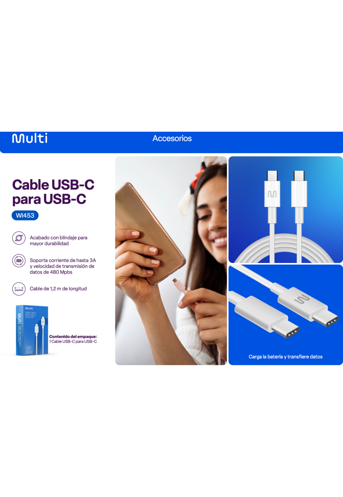 Cable USB Tipo C / Tipo C Multilaser 1.2M WI453-1