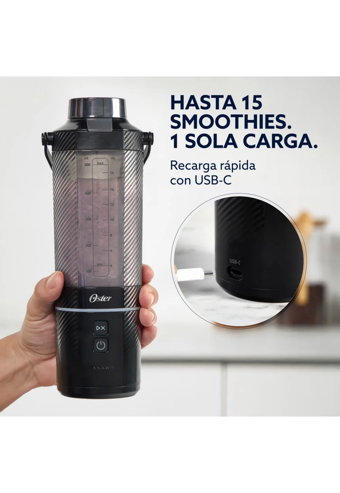 Licuadora Portatil Recargable USB-C Oster GoMax 590 ML Negro-8