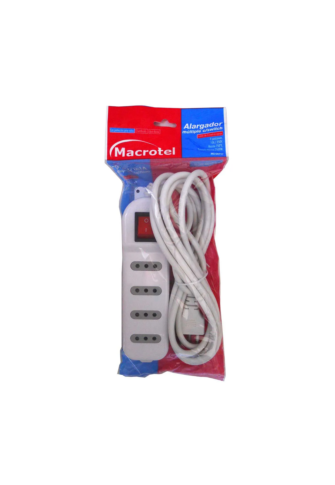 Alargador Zapatilla Macrotel Switch 3 Mt 4 Pos 10A Bl-3