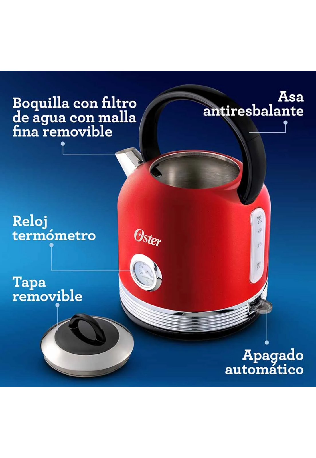 Hervidor Oster Rojo 2,5L Tipo Tetera con Termómetro Acero-6