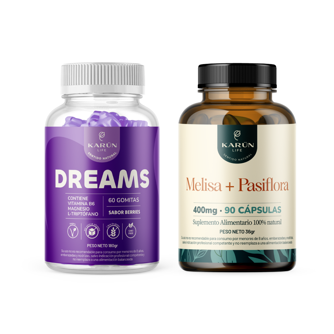 Pack Noches de Paz: 60 Gomitas Dreams + Melissa y Pasiflora en 90 Cápsulas Karun Life-0