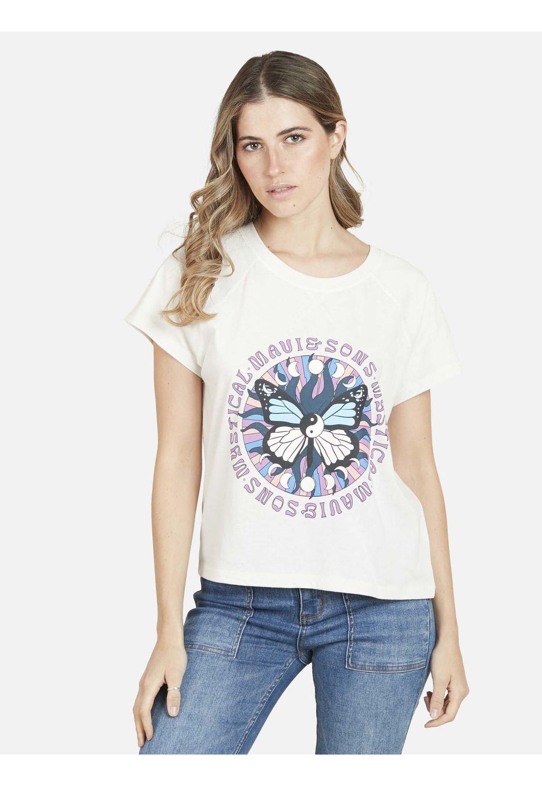 Polera COSMIC BUTTERFLAY Manga Corta Mujer Blanco Maui & Sons-0