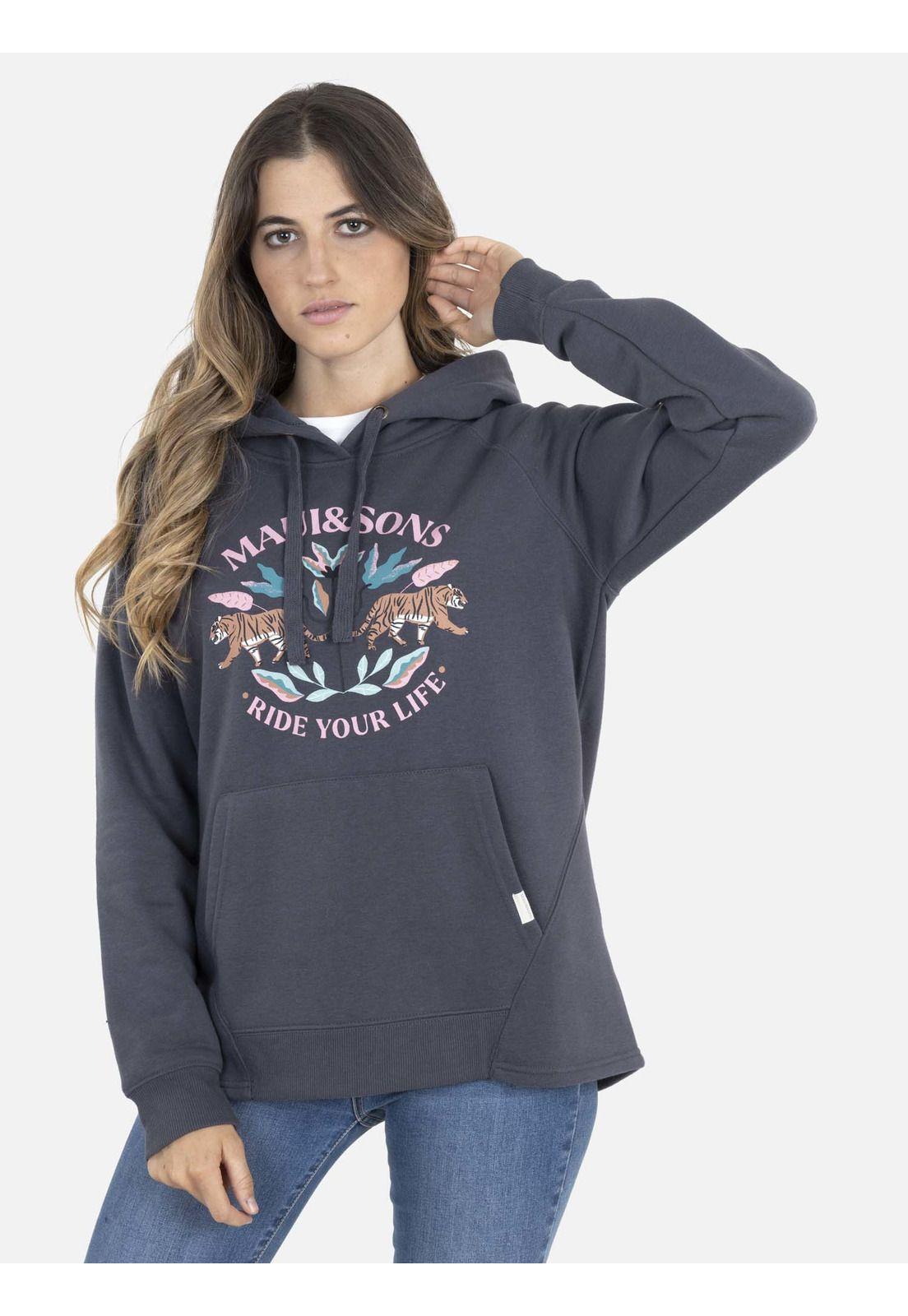 Poleron TWO TIGERS HOODIE Mujer Gris Oscuro Maui and Sons-0