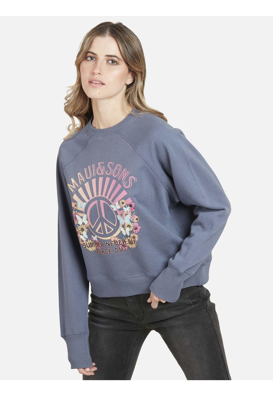Poleron FLOWERS AND PEACE CREW Mujer Azul Maui and Sons-0