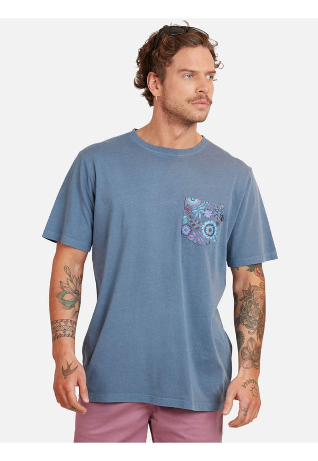 Polera Pigment Dye Pocket Flowers Tees Hombre Azul Maui And Sons-0
