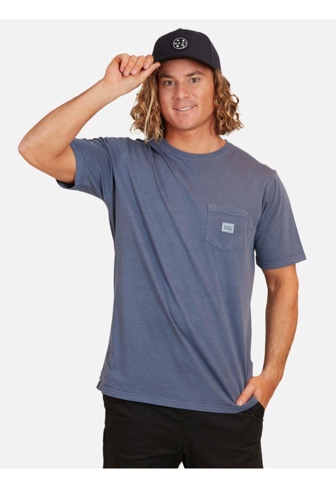 Polera Pigment Dye Pocket Woven Label Hombre Azul Maui And Sons-0