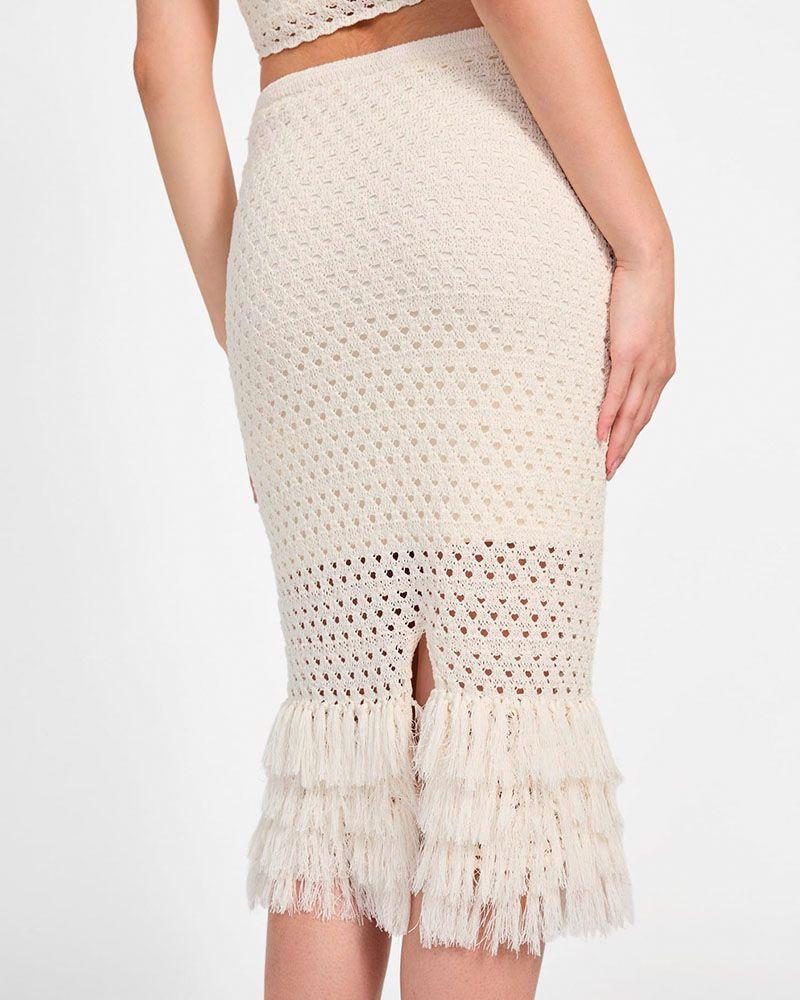 Falda Guess Mujer Luca Fringed Hem Midi Skirt Blanco-3