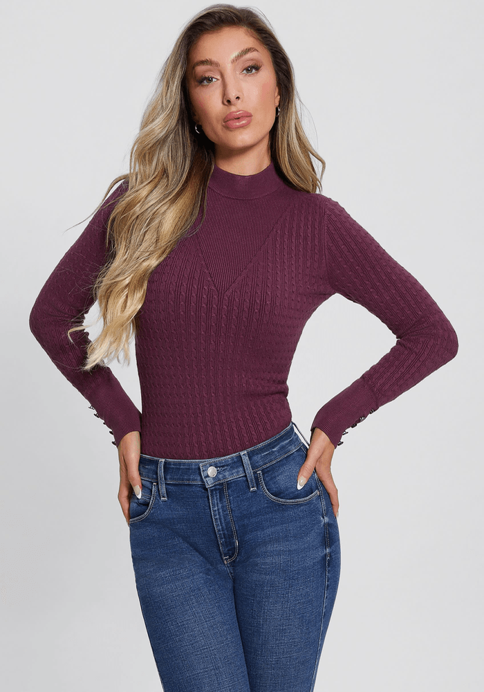 Tejido Guess Mujer Ls Bettie Cable Mock Nk Swtr Burdeo-2