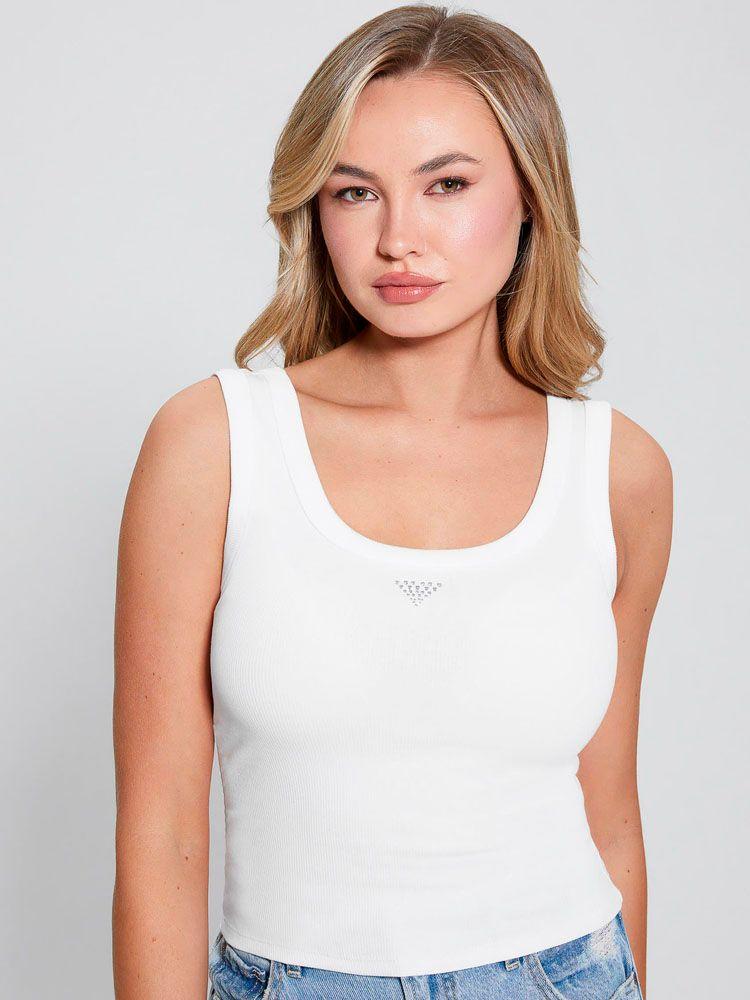 Top Guess Mujer Sl Triangle Bling Rib Tank Blanco-0