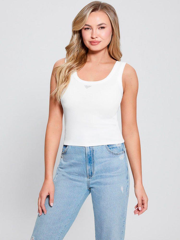 Top Guess Mujer Sl Triangle Bling Rib Tank Blanco-2