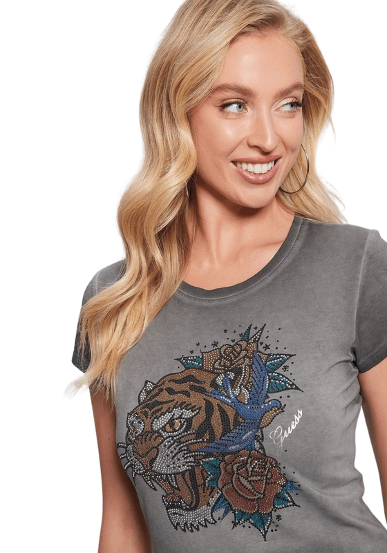 Polera Guess Mujer Ss Crystal Tiger R5 Tee Gris-0