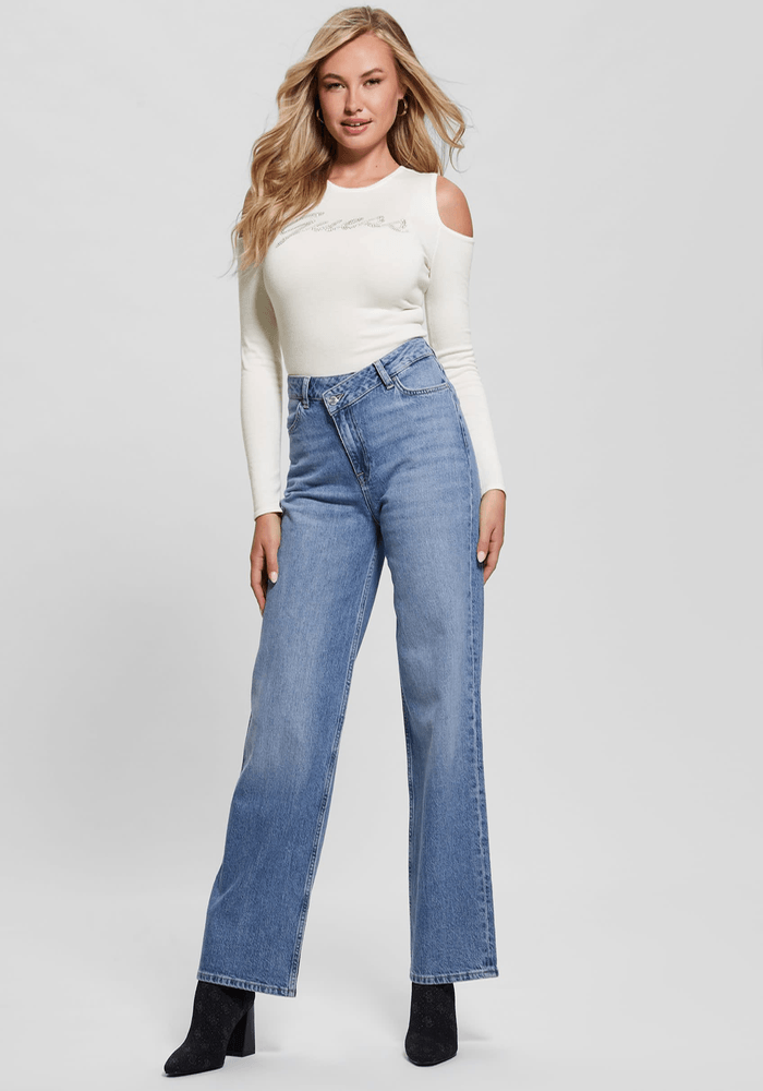 Tejido Guess Mujer Ls Cold Shldr Guess Logo Swtr Blanco-2