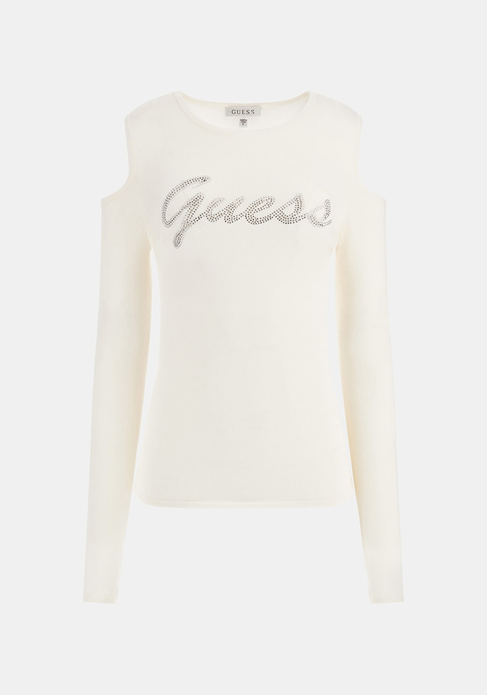 Tejido Guess Mujer Ls Cold Shldr Guess Logo Swtr Blanco-4