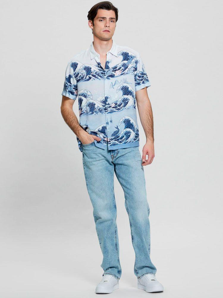 Camisa Guess Hombre Ss Eco Rayon Wave Shirt Azul-1