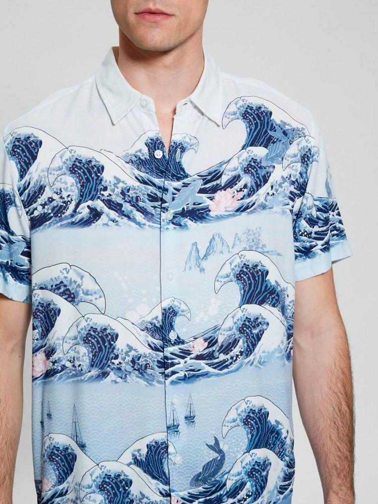 Camisa Guess Hombre Ss Eco Rayon Wave Shirt Azul-2