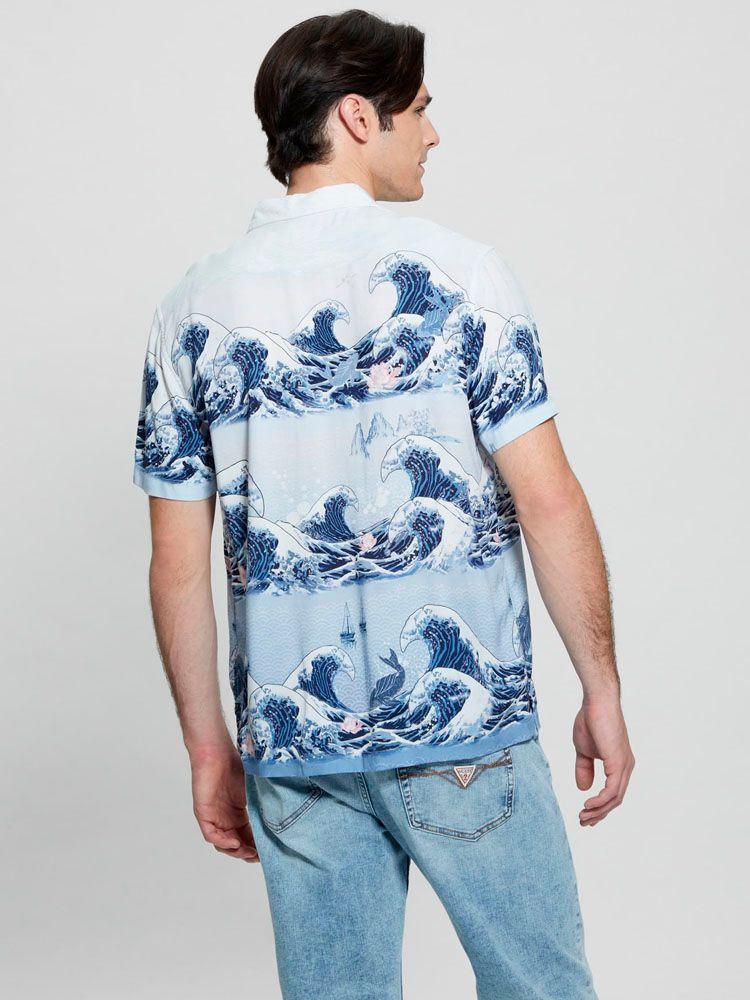 Camisa Guess Hombre Ss Eco Rayon Wave Shirt Azul-3
