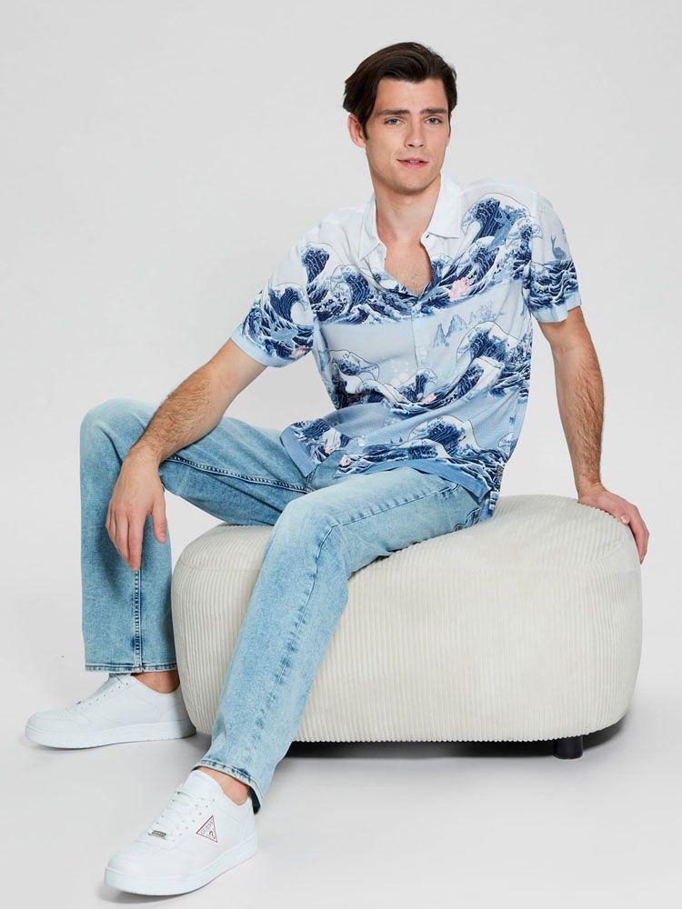 Camisa Guess Hombre Ss Eco Rayon Wave Shirt Azul-4