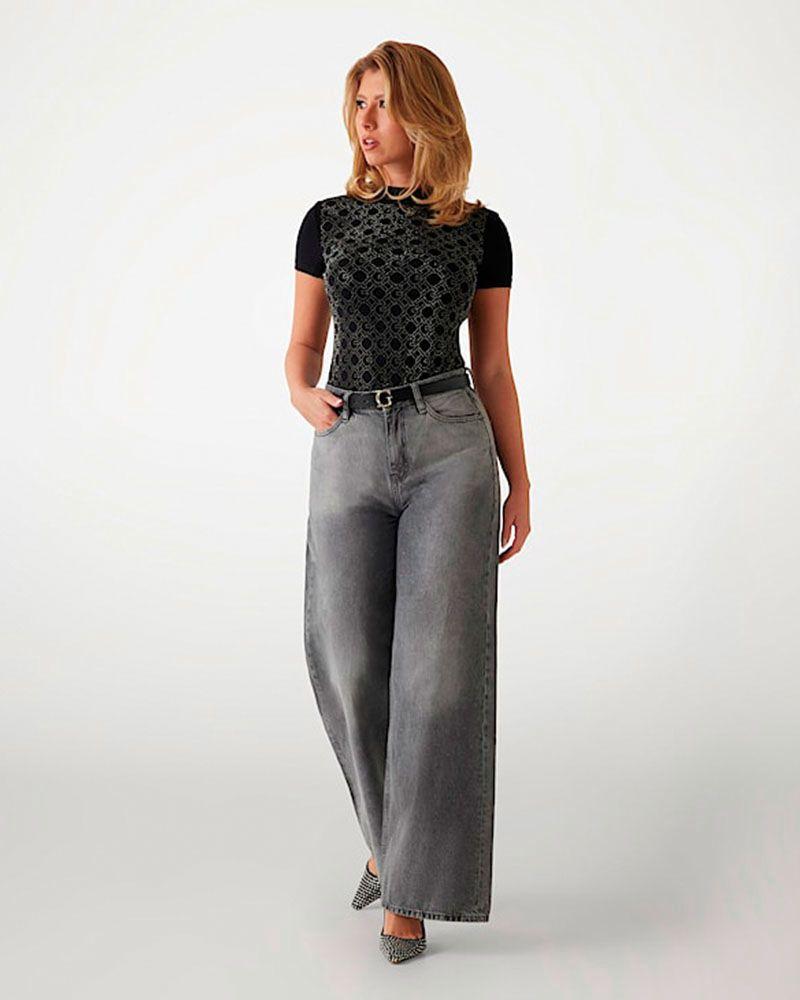 Polera Guess Mujer Ss Mock Neck All Over Logo Tee Negro-1