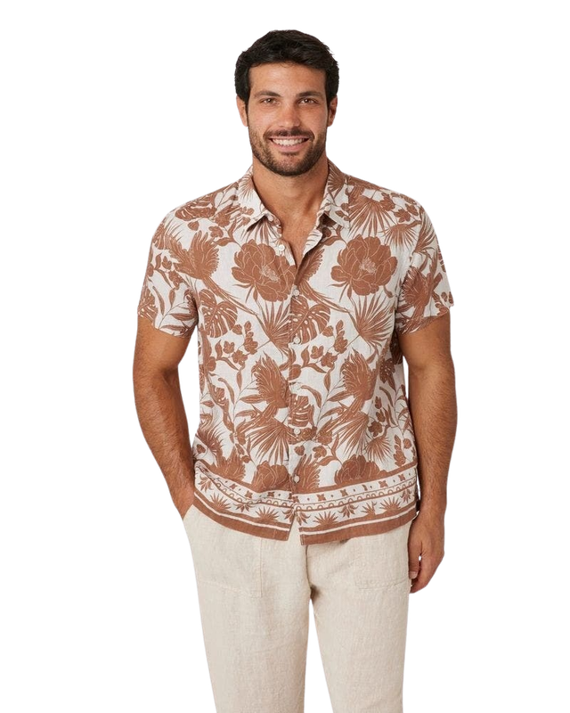 Camisa Guess Hombre Ss Island Linen Border Shirt Café-0