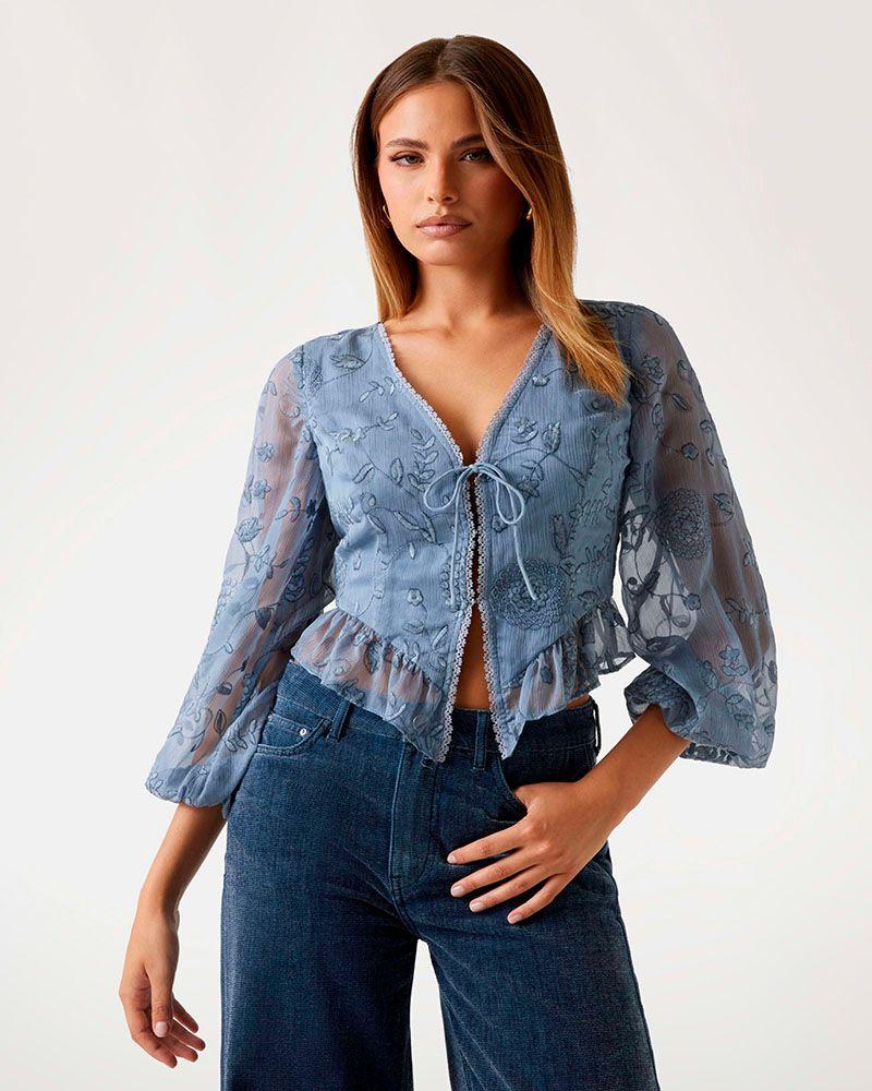 Blusa Ls Seiah Tie Front Gris Mujer-0